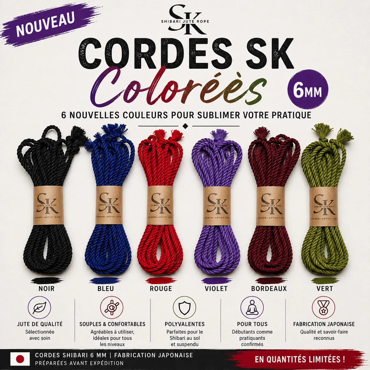 Nouvelles Cordes SK Colorées 6 mm : Noir, Rouge, Bleu, Violet et Vert