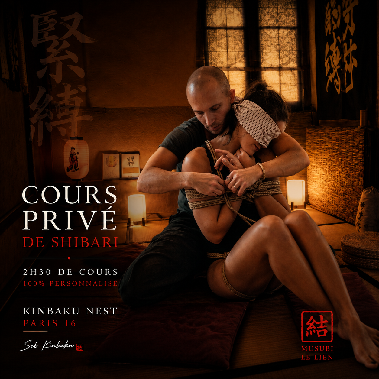 Seb Kinbaku attachant une femme pendant un cours privé au Kinbaku Nest à Paris